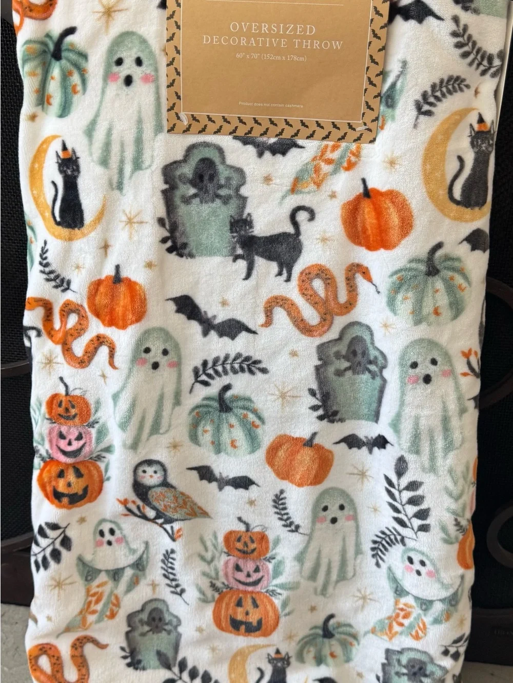 Cupcake & Cashmere Halloween Throw Blanket Pumpkins Cats Snakes Ghosts Moon NWT